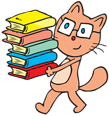 cat holding stack of books