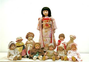 Japanese Friendship Doll with nine American Friendship Dolls at The University of Nebraska State Museum of Natural History.