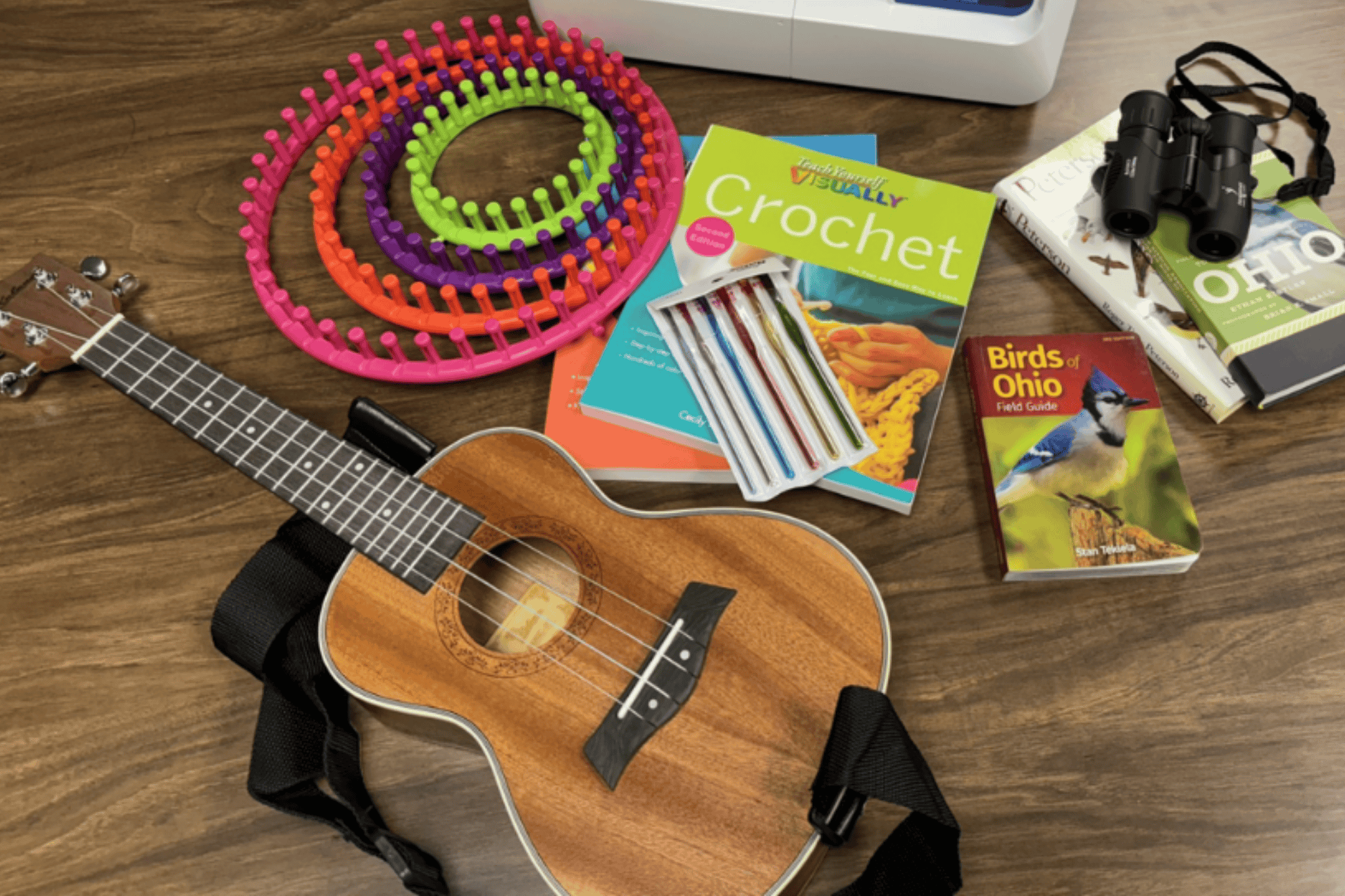 Guitar, crochet book, birdwatching equipment, and loom knit sets.