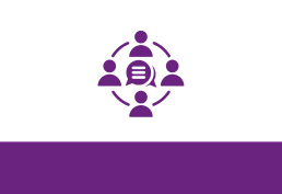 Icon of people with speech bubbles in the middle representing a board of trustees.