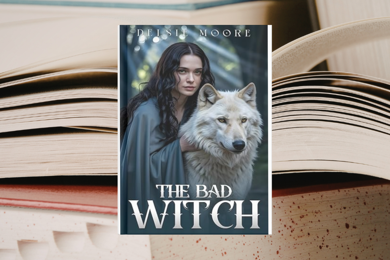 The Bad Witch by Delsie Moore with books in the background